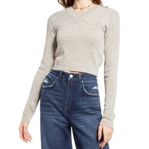 NEW Nordstrom Reagan Ribbed Knit Sweater Heathered Grey Size XS Made in USA Top - Picture 1 of 8